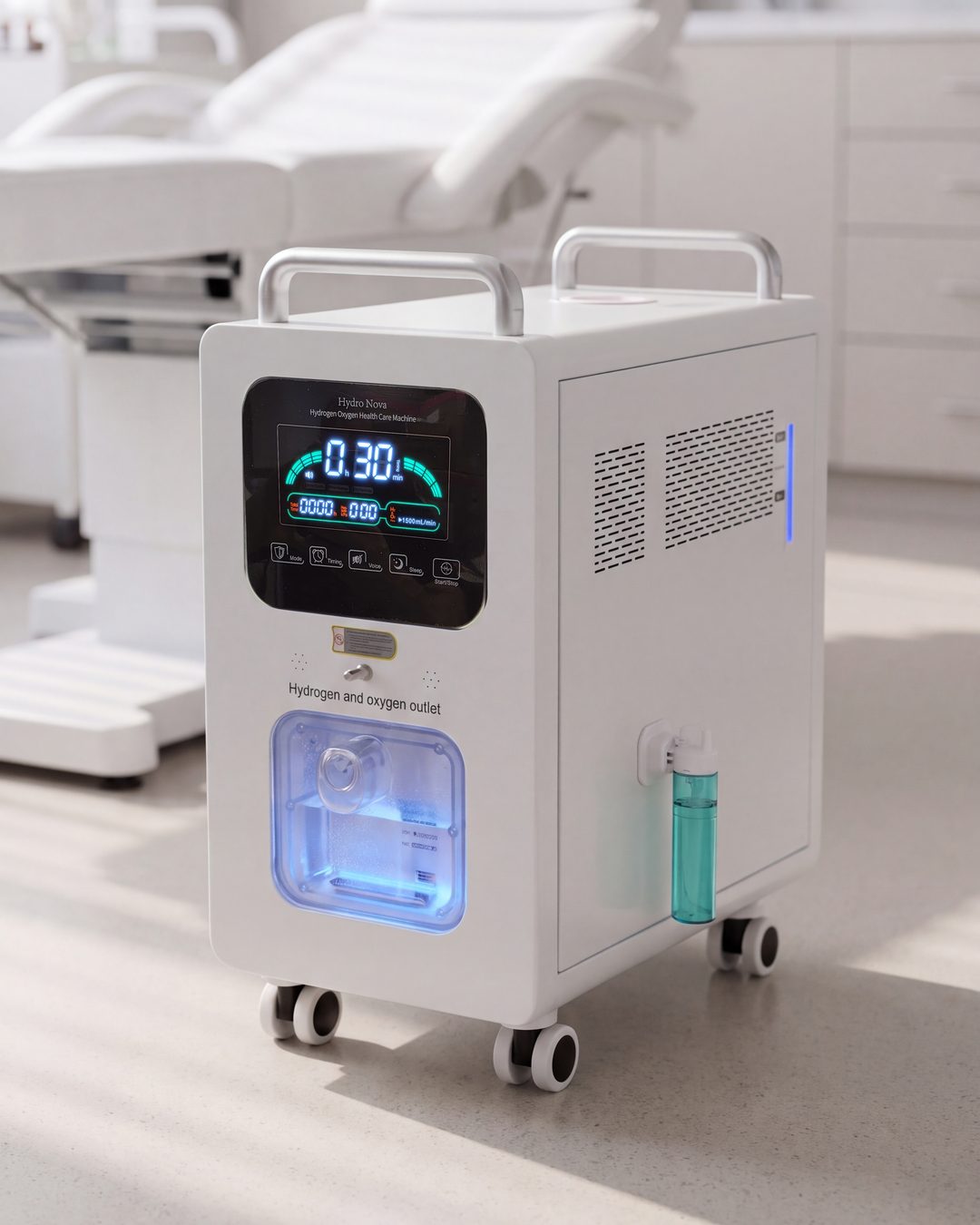 Hydro Nova 3000 in a bright treatment room, beside a treatment couch, touch display on