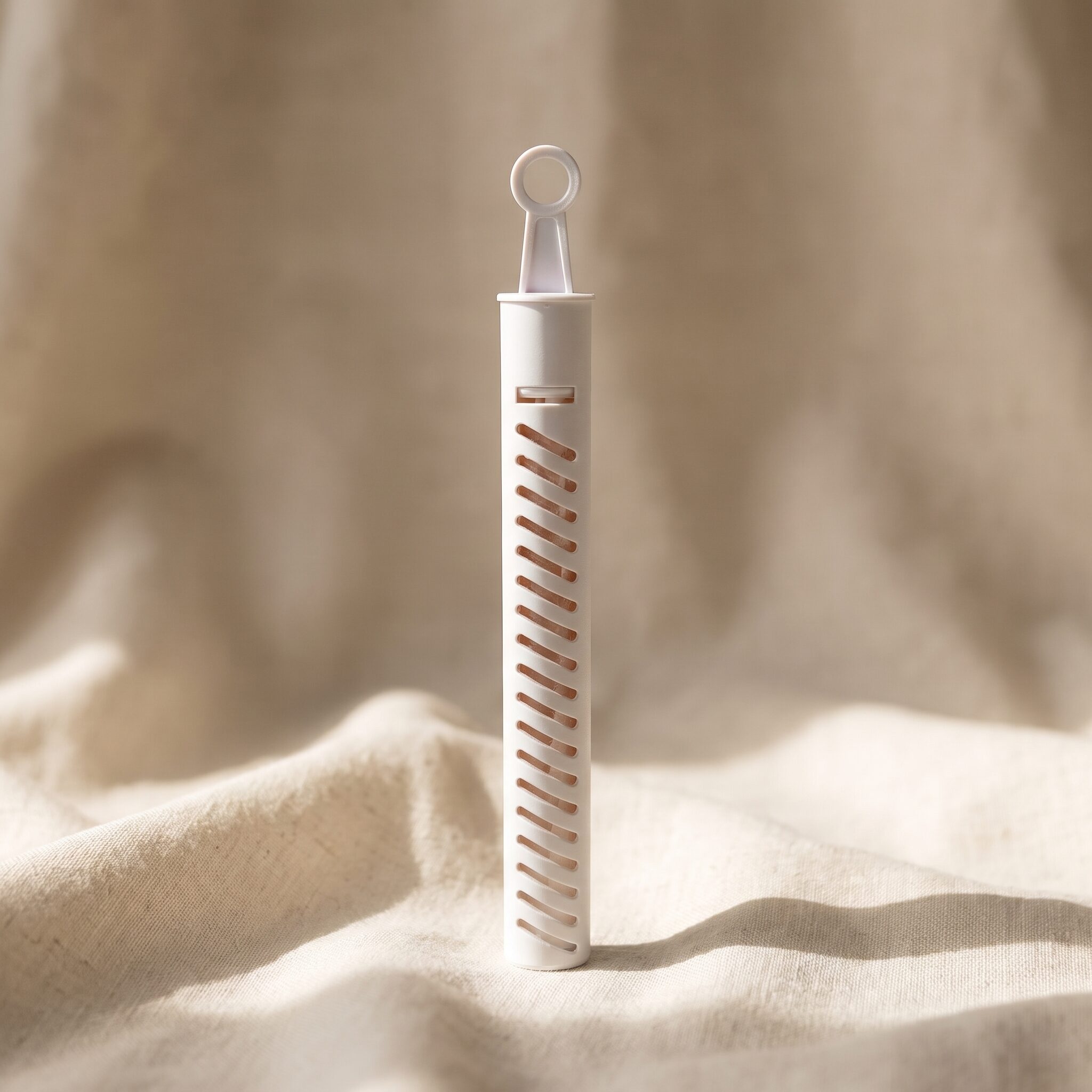 A single internal filter standing on cream linen