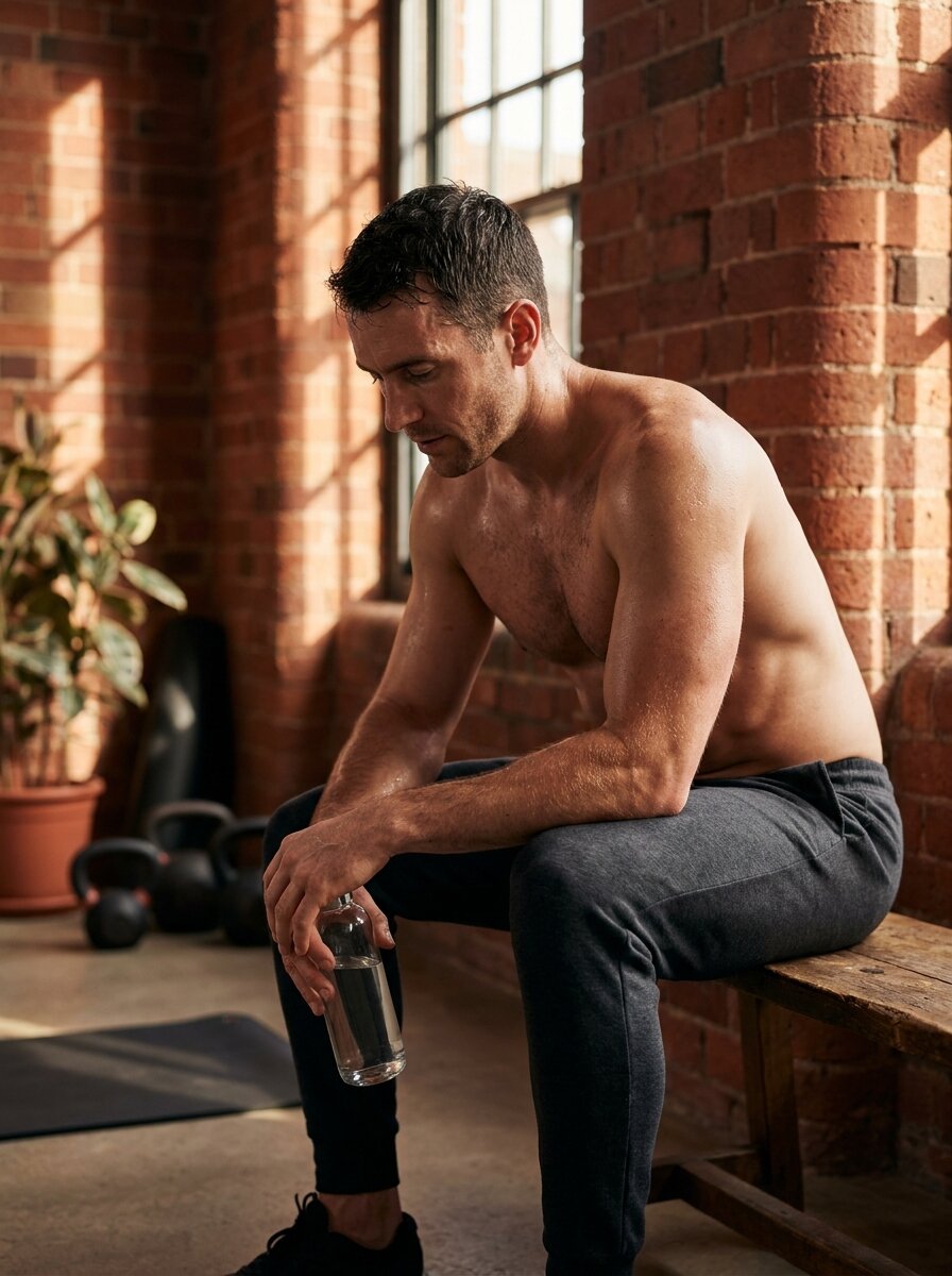 Early-30s athletic man in his home recovery space, post-training, water bottle in hand.