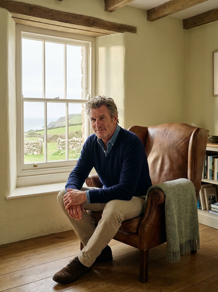 Mid-60s vital outdoorsy man in his country living room, calm and considered.