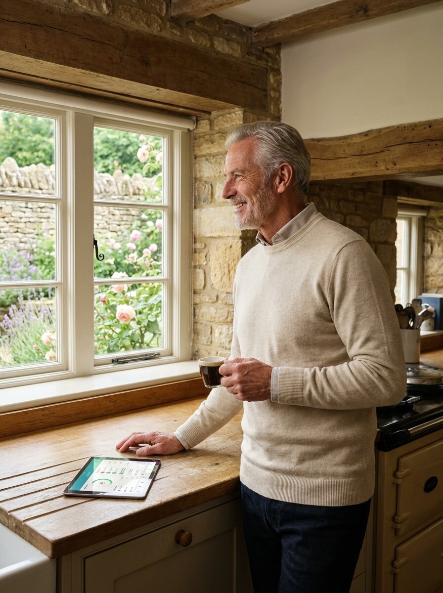 Late-60s distinguished man at his Cotswolds-style kitchen, espresso in hand, looking out at the garden.