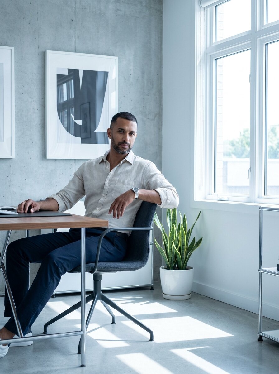 Early-40s mixed-heritage man at his modern home office window, focused and clear-eyed in morning light.