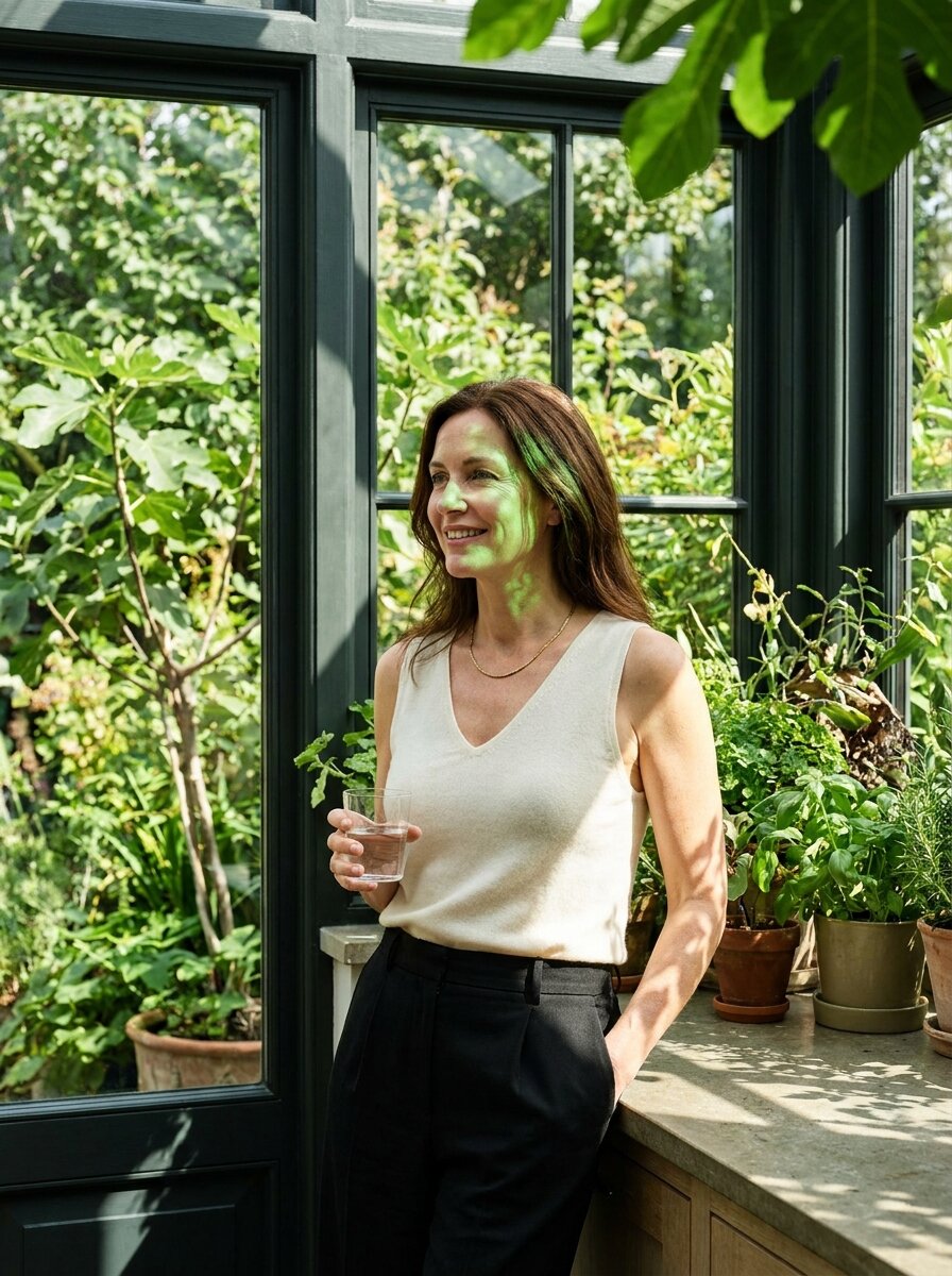Late-40s vital woman at her kitchen window, glass of water in hand, glowing in morning light.