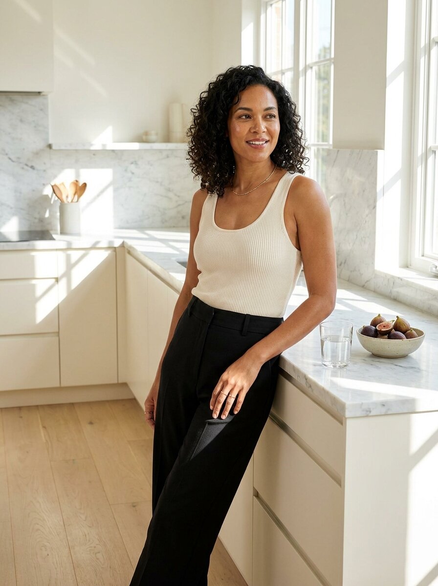 Early-40s mixed-heritage woman at her sunlit urban kitchen island, fit and sculpted in morning light.