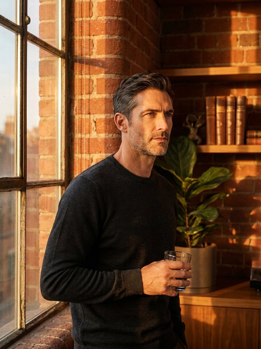 Mid-40s mixed-heritage man at his home office window, mid-thought.