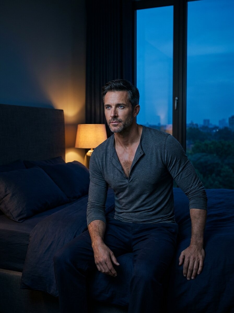 Late-30s well-rested man on the edge of his bed at pre-dawn light, athletic and clear-eyed.