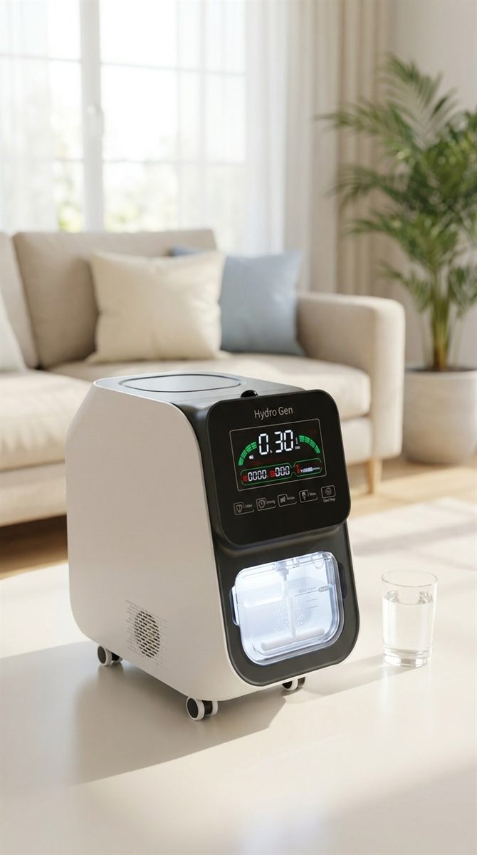 Hydro Gen running on a low table in a bright living room, a glass of water alongside