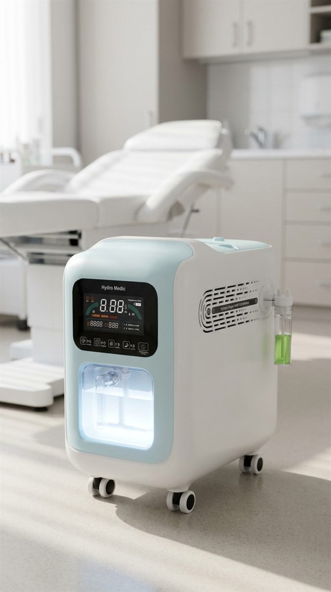 Hydro Medic — mobile professional-format chassis with handles and castors, photographed in a treatment room setting.