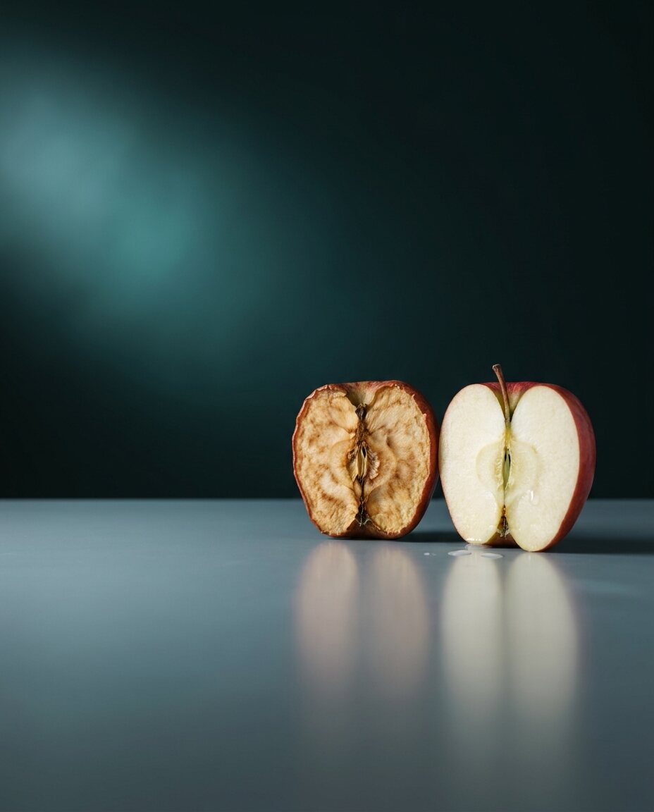 A fresh apple beside an oxidised, browned one, illustrating oxidation over time.