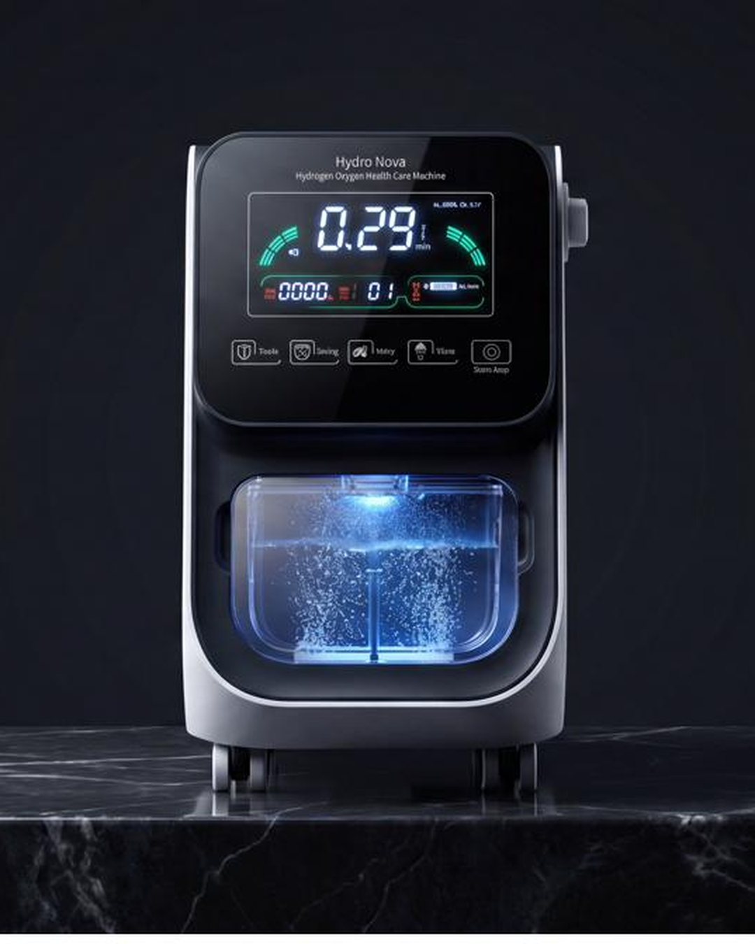The Hydro Nova with its display illuminated and water tank lit, on a dark marble plinth.
