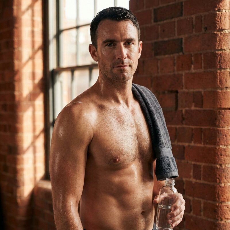 Athletic Recovery — fit man post-training in his home recovery space.