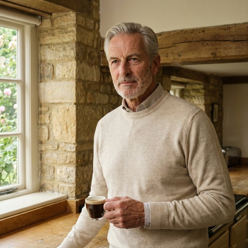 Cellular Longevity — distinguished older man at his country kitchen counter.