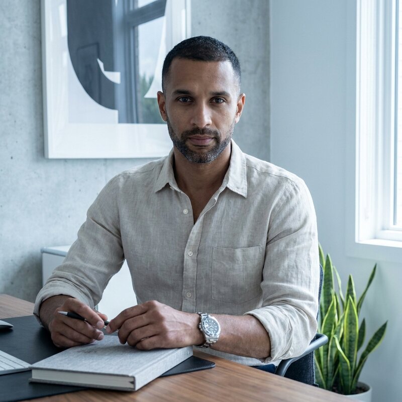 Energy & Clarity — focused man at his modern home office desk.