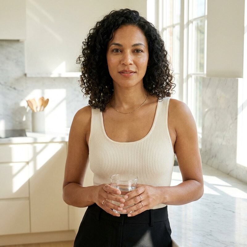 Metabolic Health — sculpted woman at her urban kitchen island.