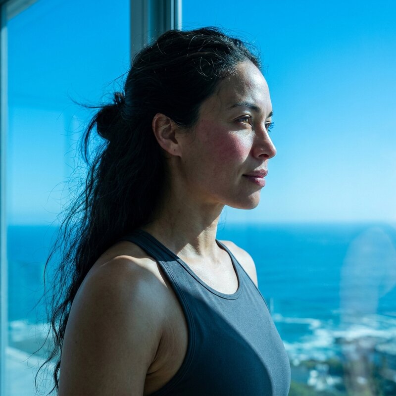 Respiratory Health — endurance-athlete woman by tall windows after a run.