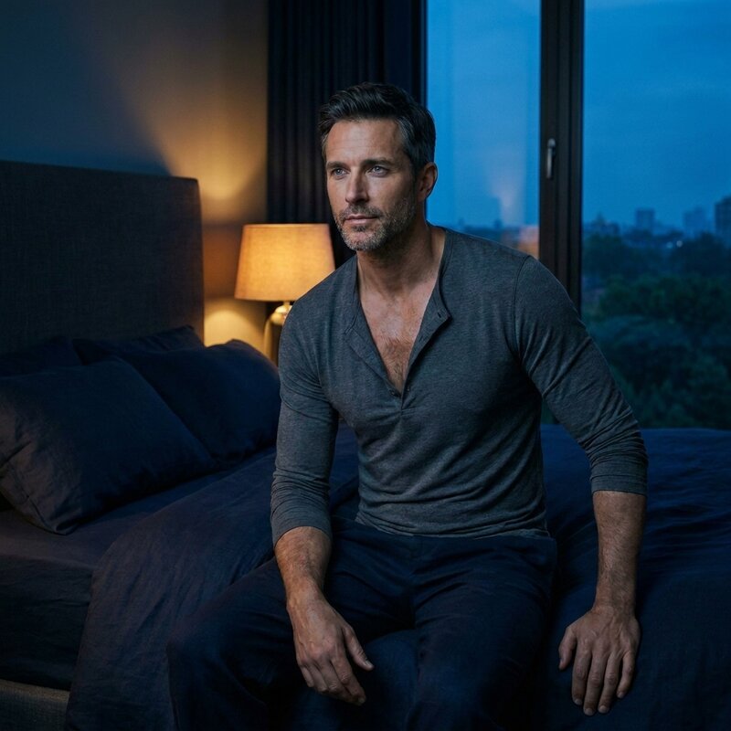 Sleep & Recovery — well-rested man on the edge of his bed at first light.