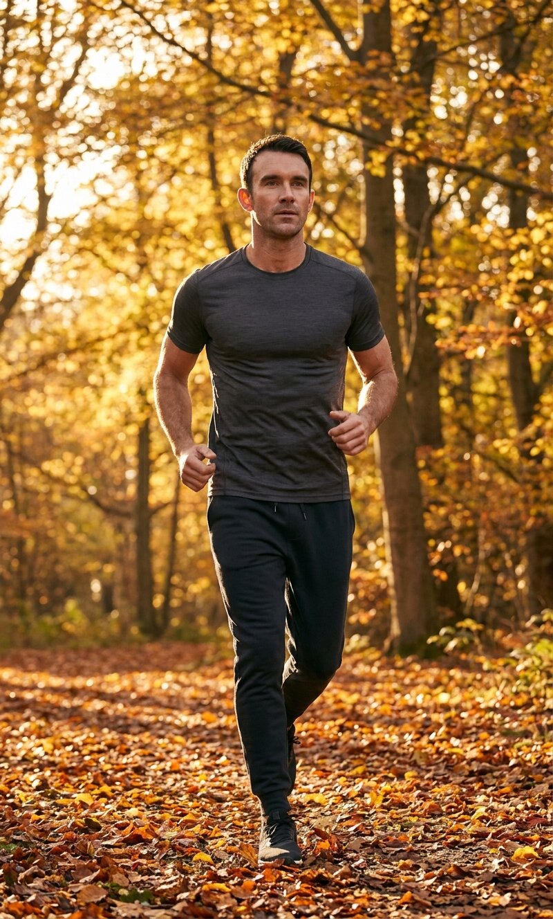 The same man on a morning trail run — the second-day-after-effort feeling when recovery has actually worked.