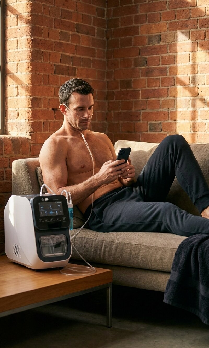 The same man on his sofa post-training, the Hydro Nova running beside him during his recovery session.