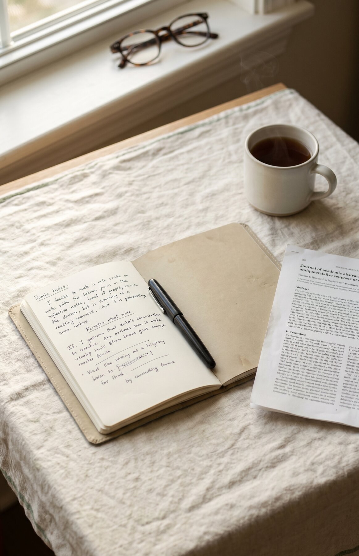 Open notebook with handwritten notes, fountain pen, printed research abstract and a mug of tea on cream linen