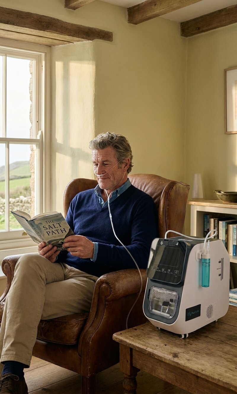 The same man in the wing-back armchair with a hardback book, the Hydro Nova running on a side table beside him.