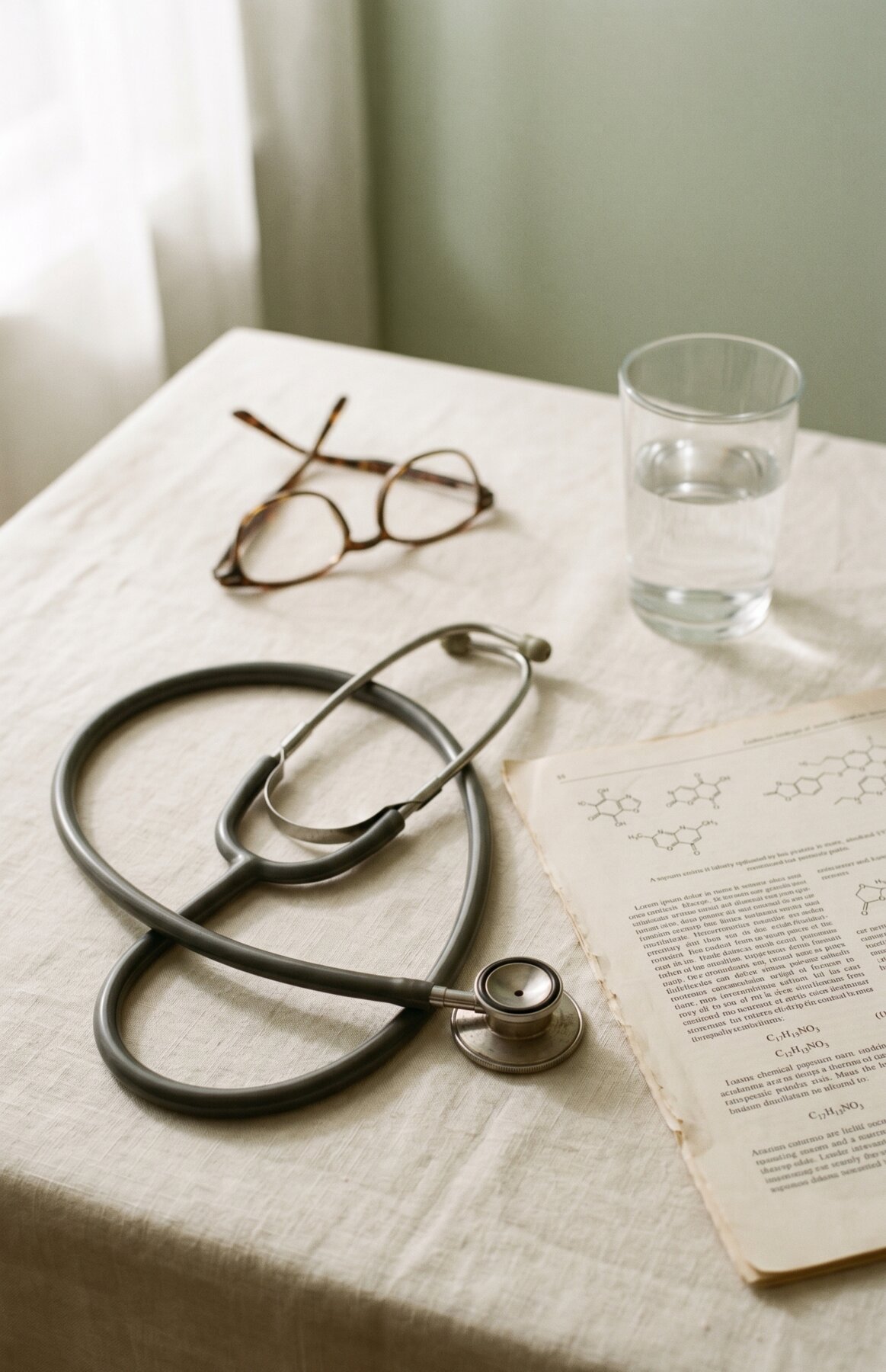 A vintage stethoscope laid on cream linen beside a folded scientific journal page, reading glasses, and a glass of water