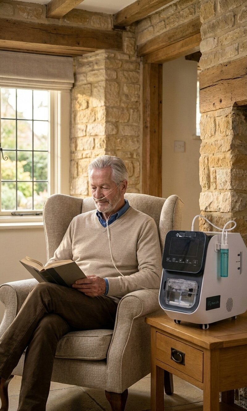 The same man in his country living room, reading in his wing-back chair, the Hydro Nova running on a side table.