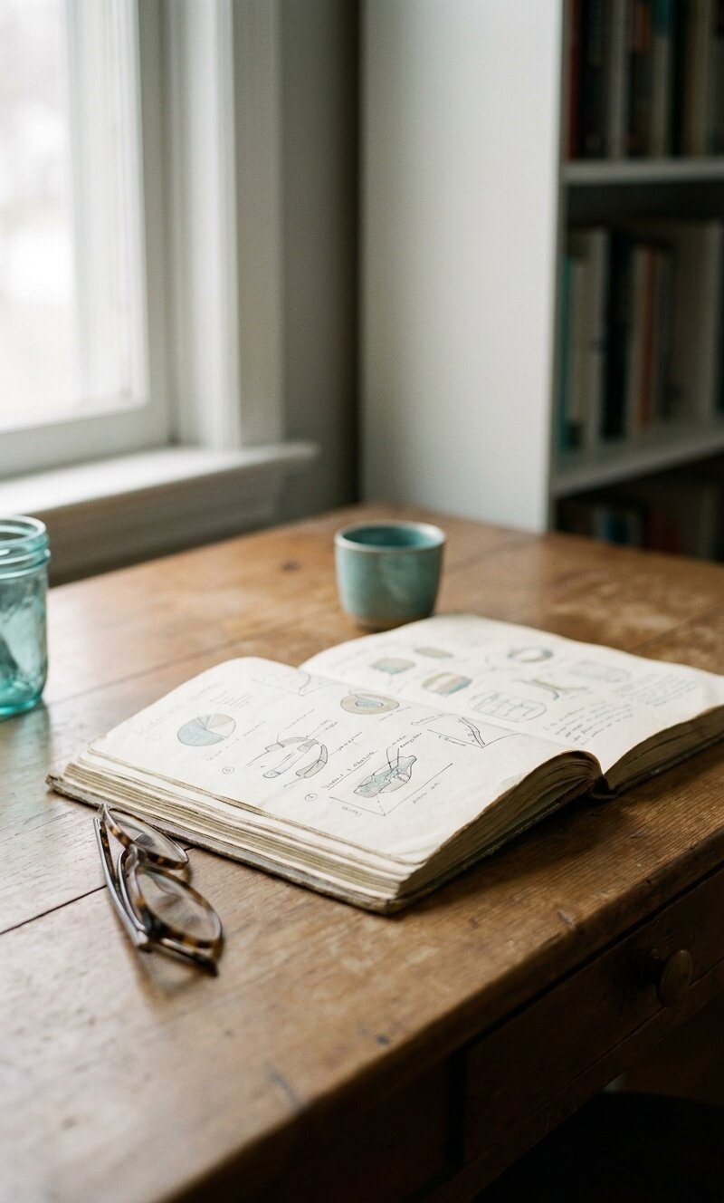 An open journal and reading glasses on a wooden desk in soft window light
