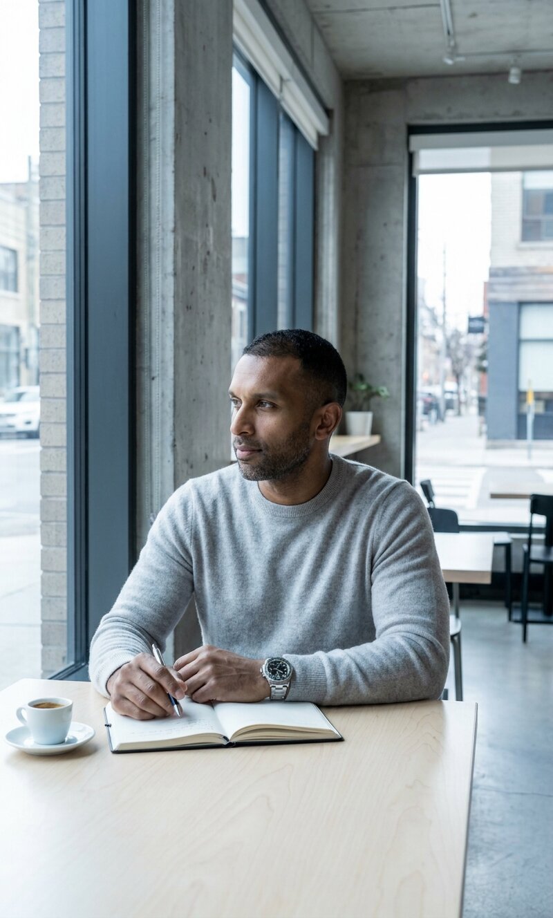 The same man at a café window with a notebook — the working morning a cognitive baseline restored makes possible.