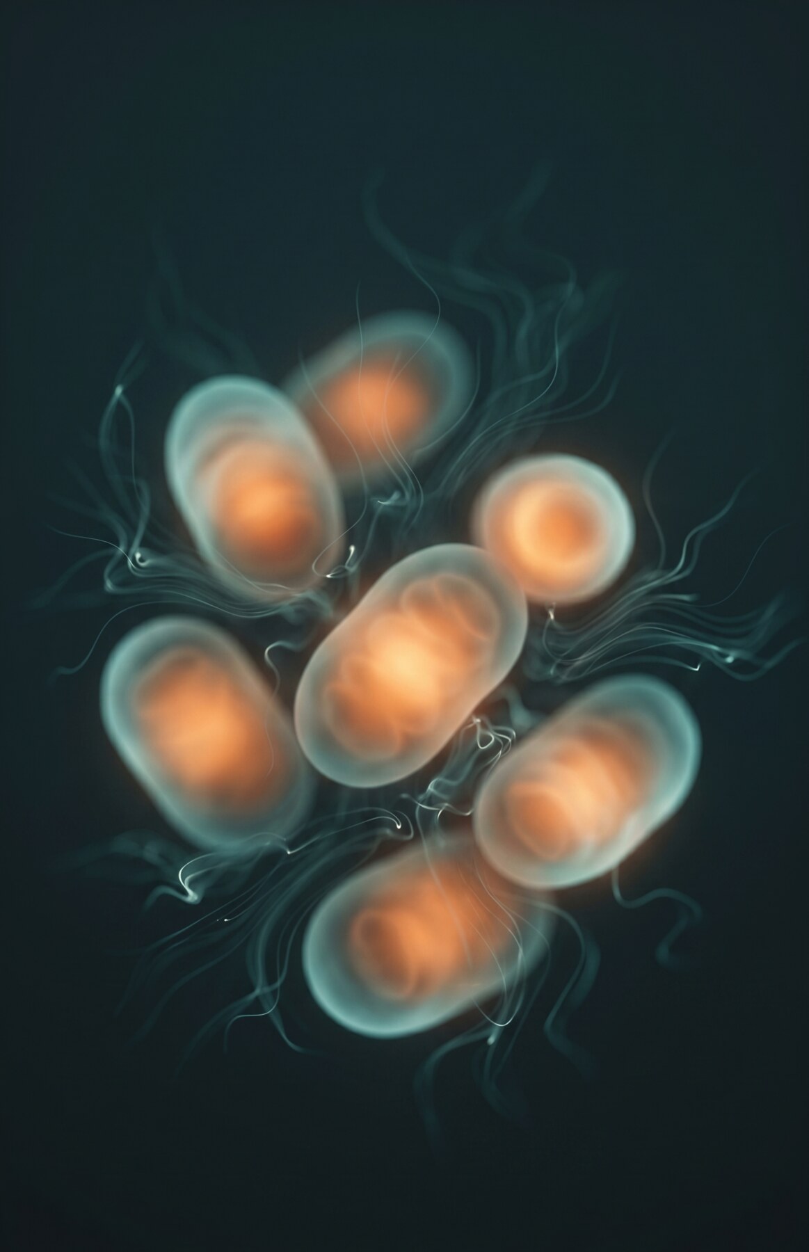 An abstract close-up of cellular structures with soft pale teal light suggesting mitochondrial energy production.