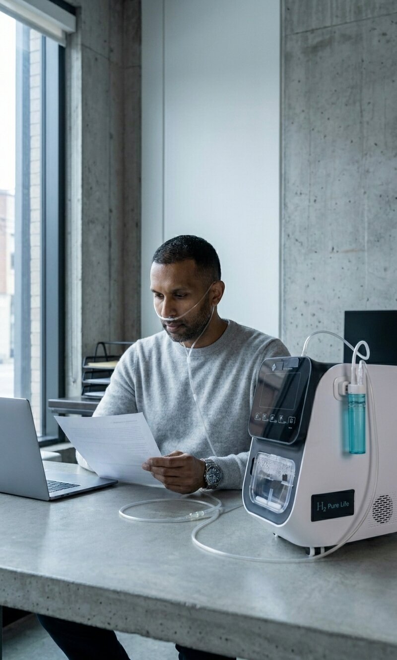 The same man at his desk, the Hydro Nova running beside his laptop as he works.