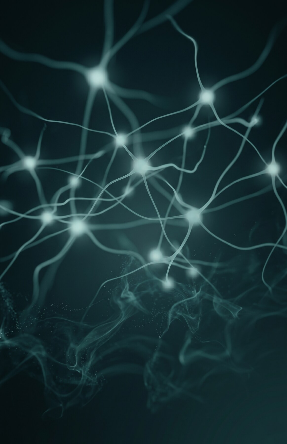 An abstract image of soft teal-glowing neural-like filaments suspended in deep dark space.