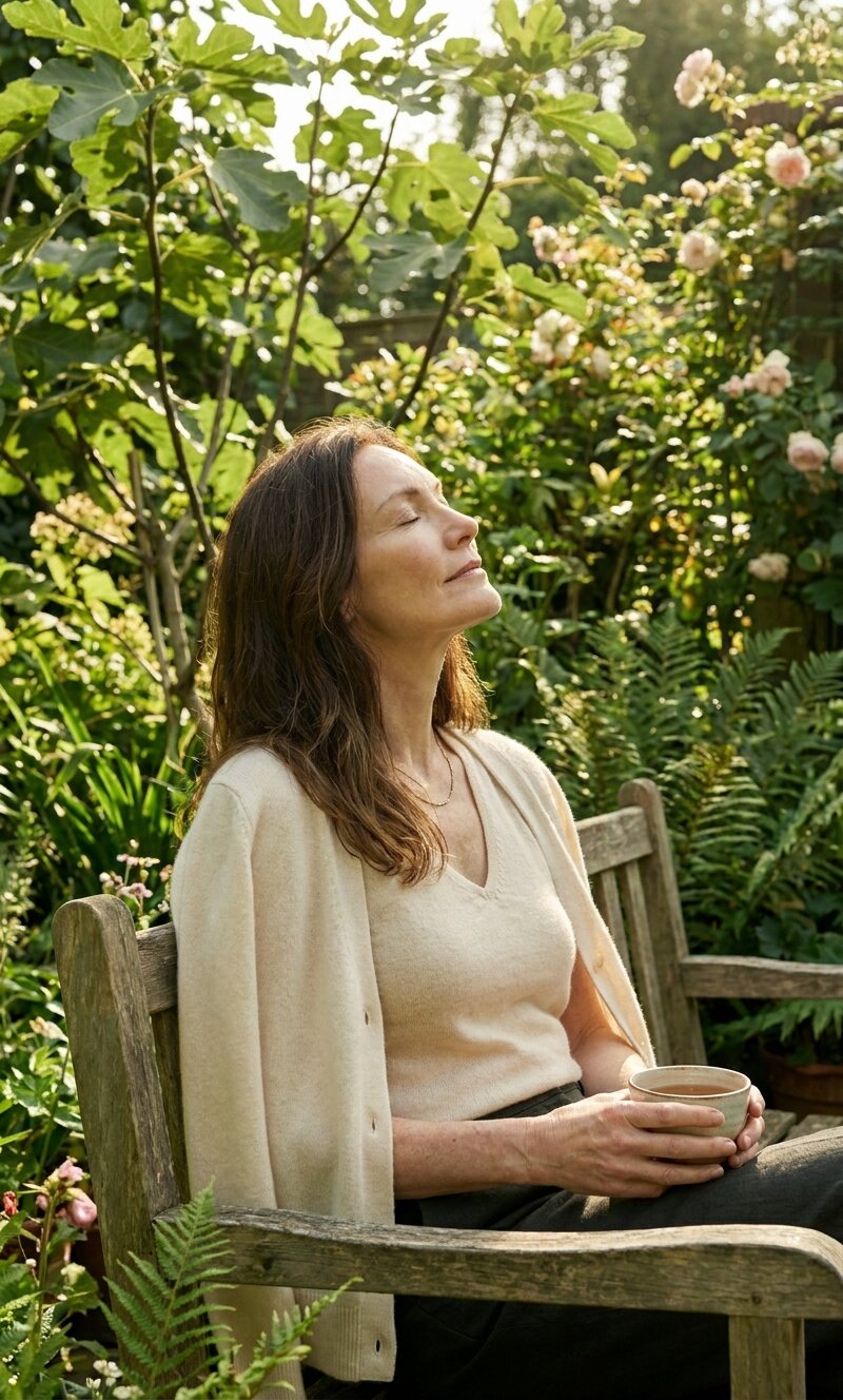 The same woman walking in her garden — the absence of chronic inflammation made physical.