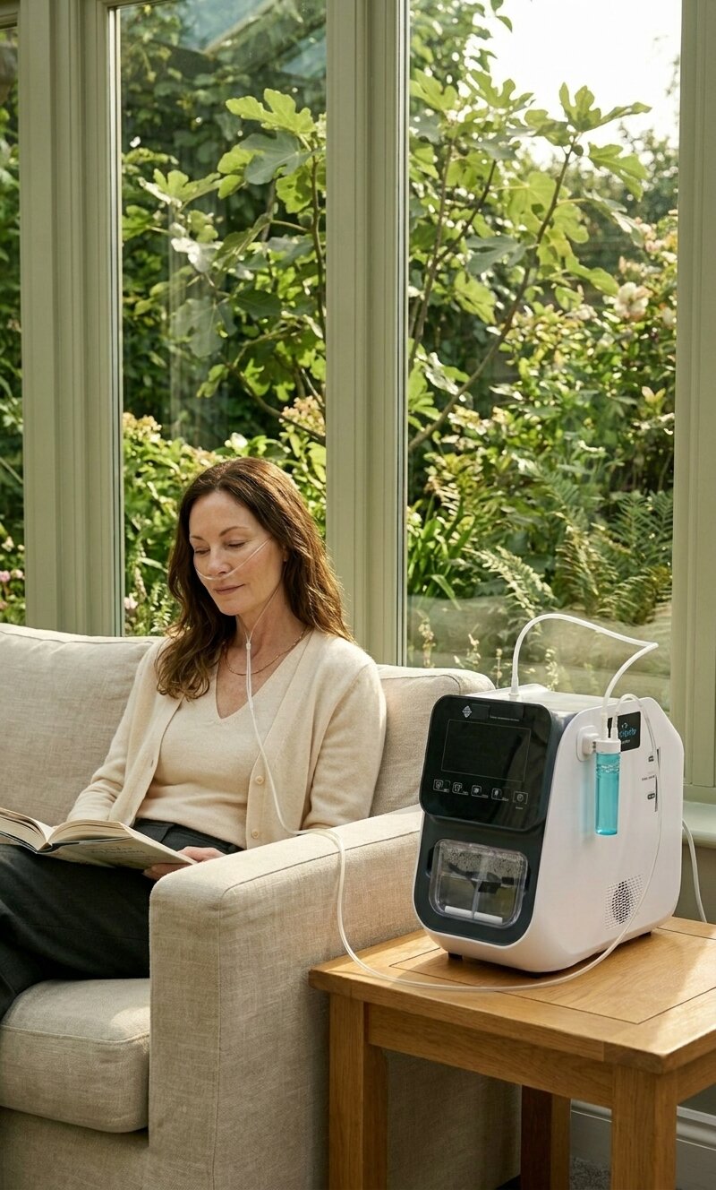 The same woman on her sofa with a book, the Hydro Nova running on the side table beside her.
