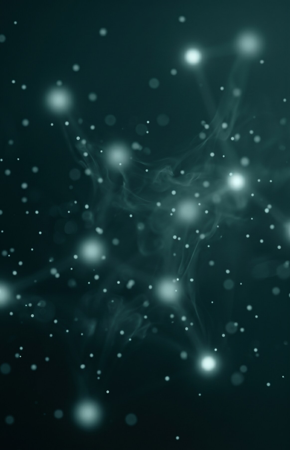 An abstract image of soft teal light suspended in deep dark space, evoking quiet cellular activity beneath stillness.