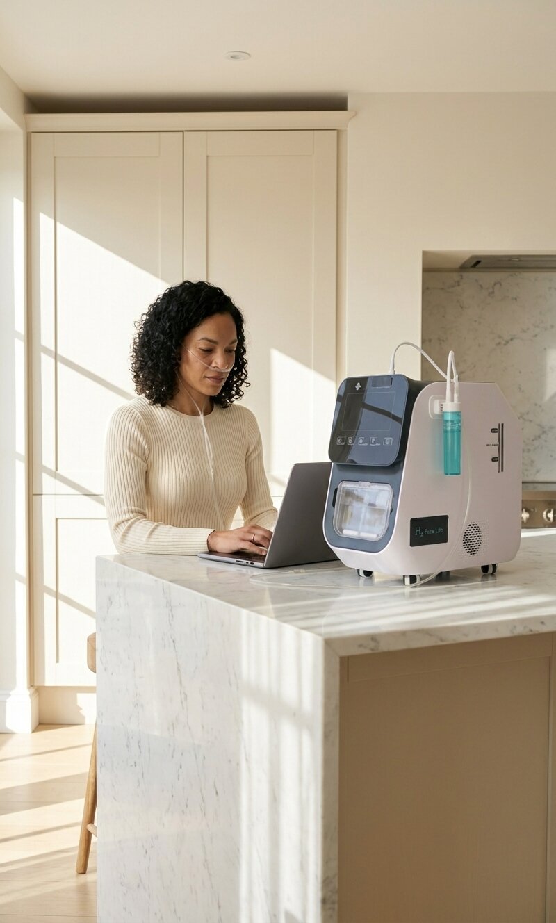 The same woman at her work desk, the Hydro Nova running beside her during her morning session.