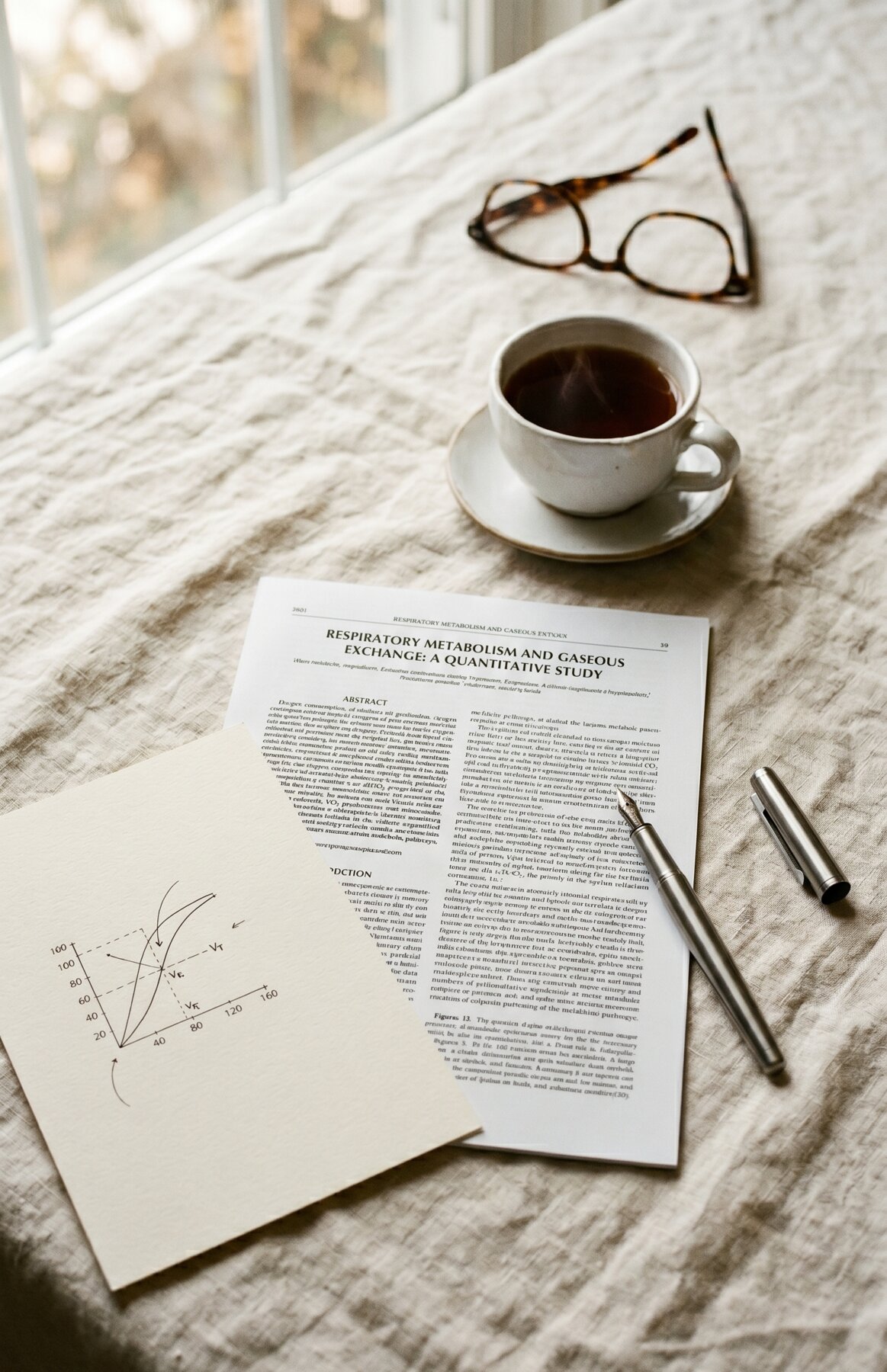 An open scientific journal page on cream linen beside reading glasses, a small notebook and a glass of water in soft natural light