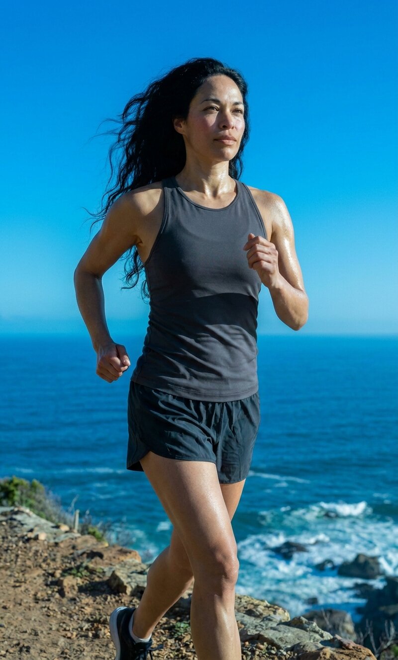 The same woman mid-stride on a coastal path — the lung capacity at work in motion.