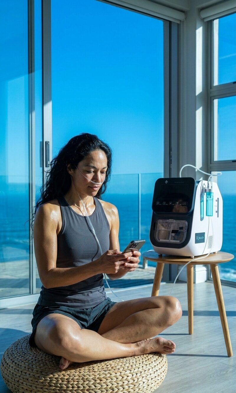The same woman seated by the window post-run, the Hydro Nova running beside her in her recovery session.