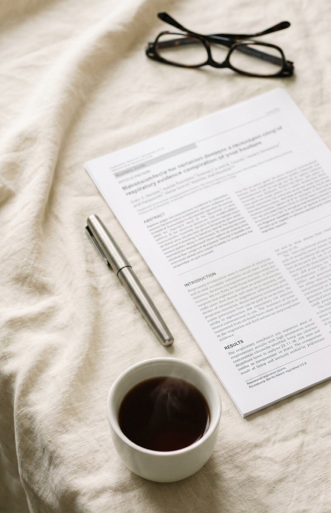 A printed scientific journal page on cream linen beside reading glasses, a porcelain cup of tea, and a fountain pen in soft natural light.