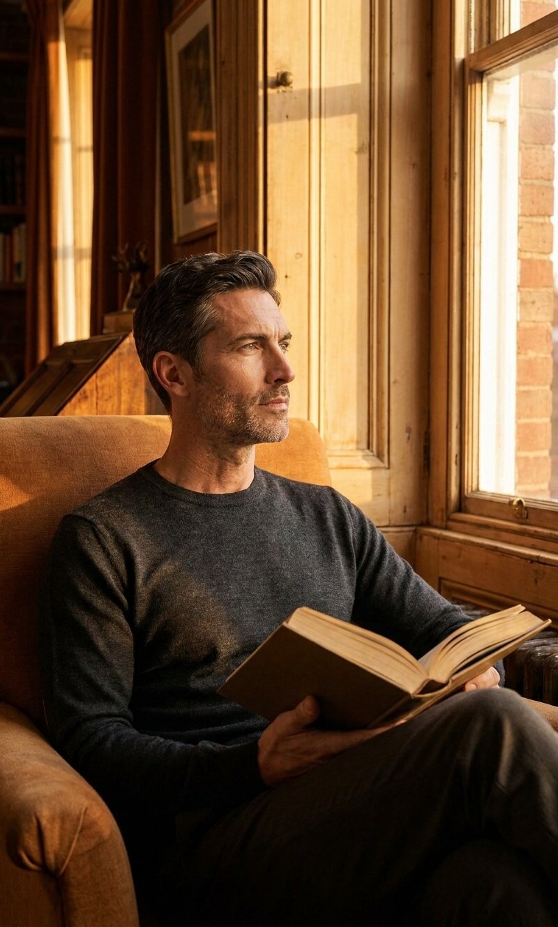 The same man in a reading chair by the window, calm and clear-eyed in a moment of cellular calm.