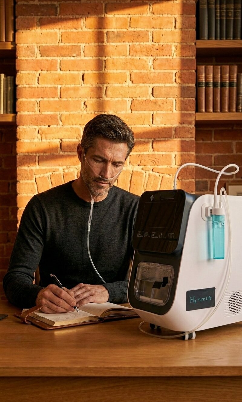 The same man at his desk, the Hydro Nova running beside him as part of his daily session.