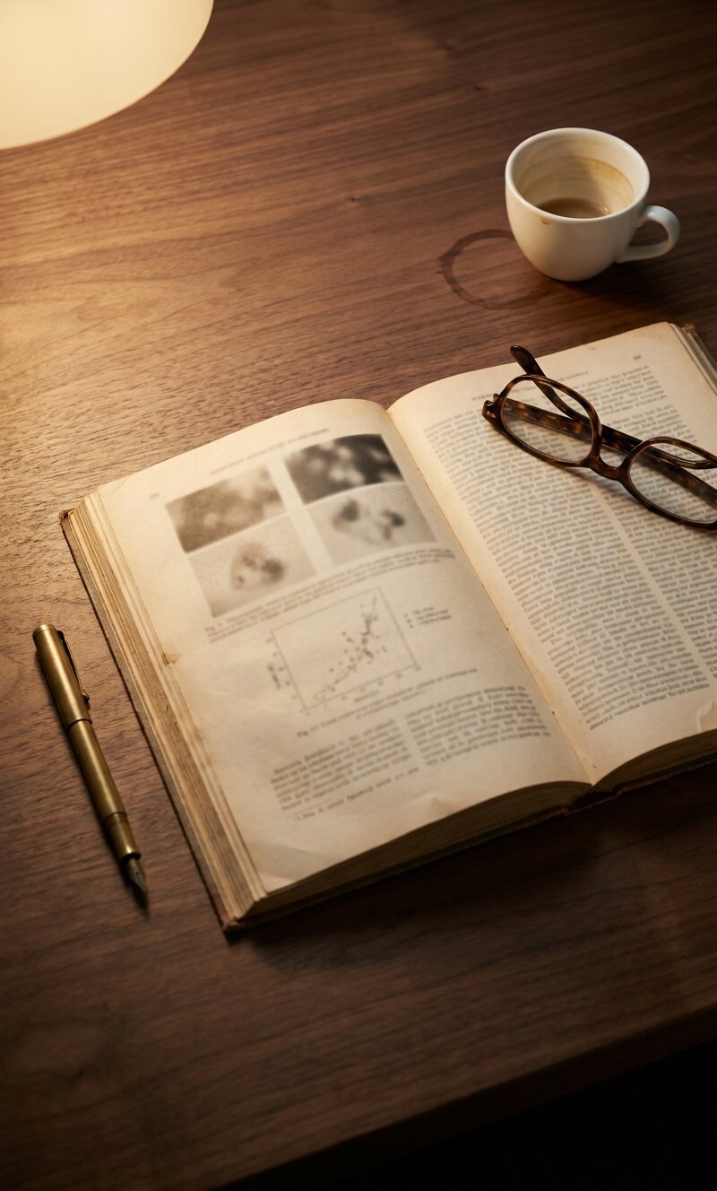 An open scientific journal on a dark walnut desk, reading glasses and a coffee cup beside it, lit by warm desk-lamp light.