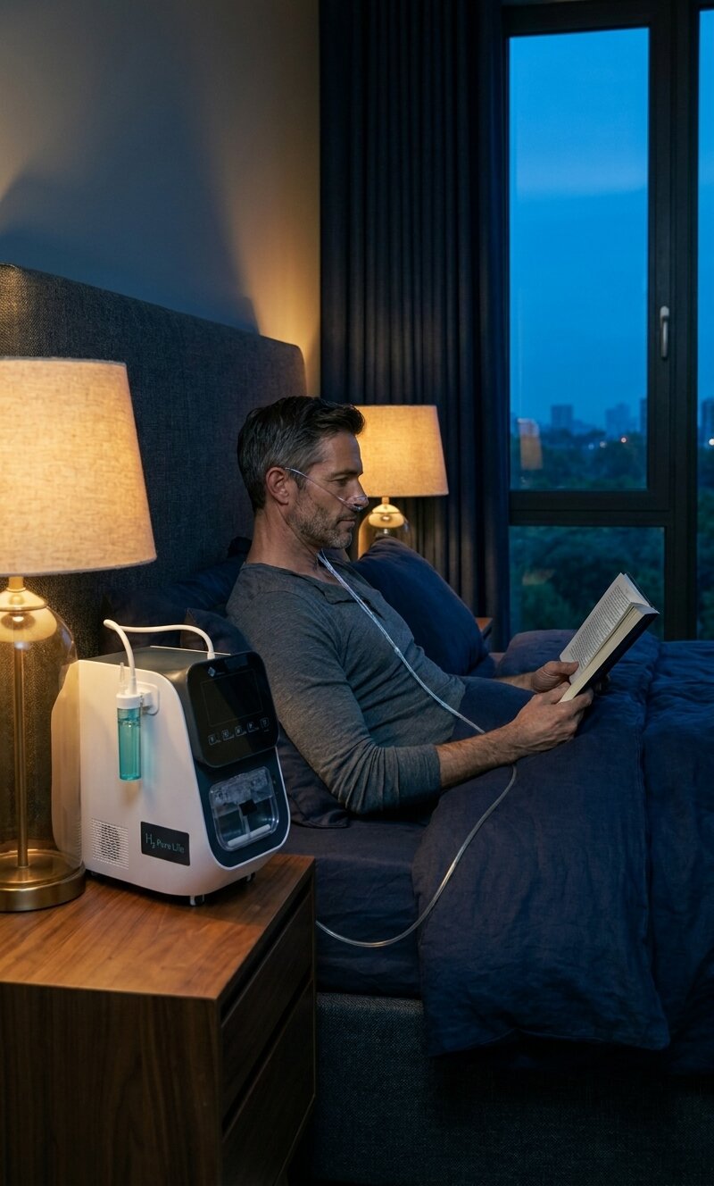 The same man propped against linen pillows, reading, the Hydro Nova running on the bedside table.