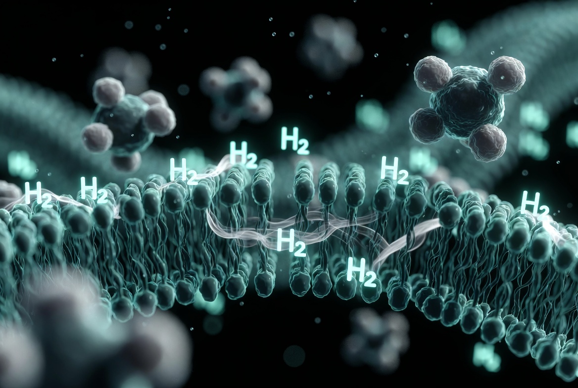 Molecular hydrogen passing through a cell membrane toward the mitochondria